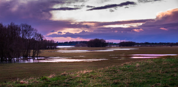 Scenic view of field against sky at sunset