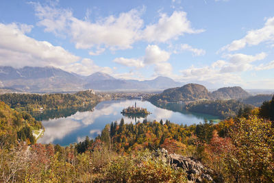 Scenic view of lake against cloudy sky