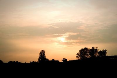 Silhouette trees on landscape against sky during sunset