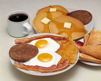 High angle view of breakfast served on table