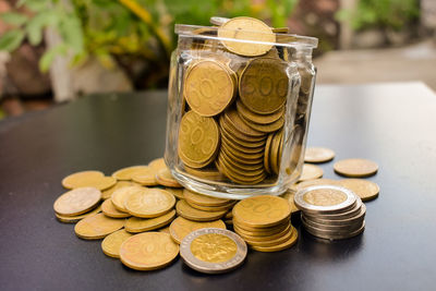 Close-up of coins on table