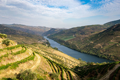 Scenic view of river amidst mountains against sky