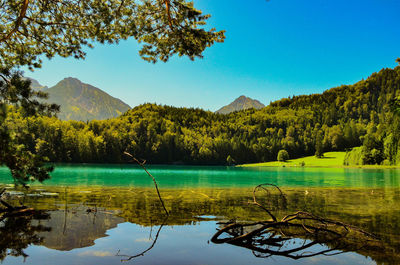 Scenic view of lake and mountains against clear blue sky