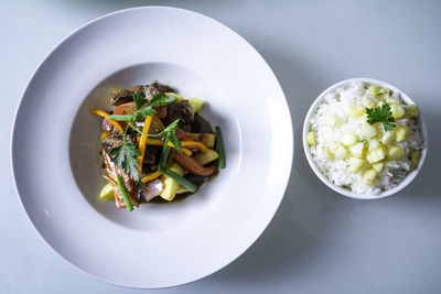 High angle view of salad in plate on table