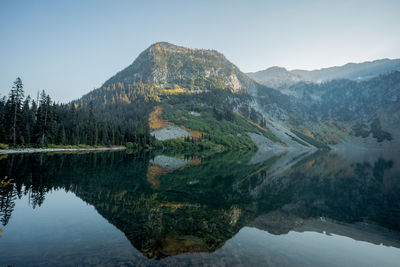 Rainy lake with beautiful reflection on pond in high alpine region of northern washington state