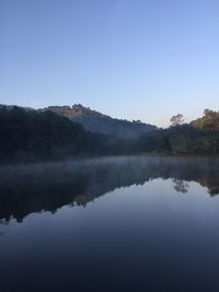 Scenic view of lake and mountains against clear sky