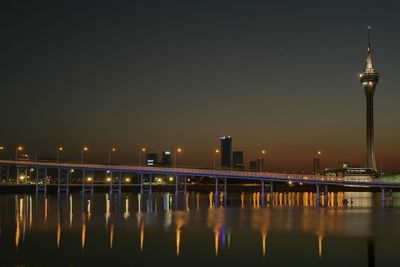 Illuminated bridge and macau tower in the twilight 