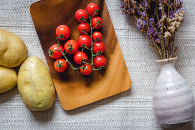 High angle view of strawberries on table