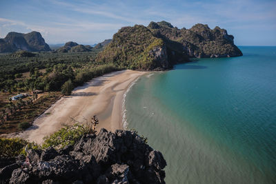 A bay and a beach looking down from a hilltop in thailand.