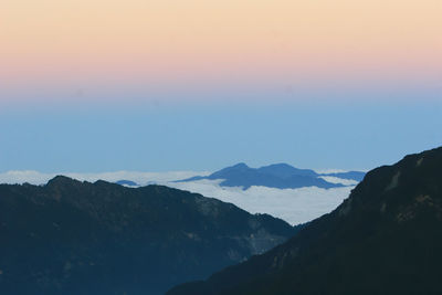 Scenic view of silhouette mountains against sky during sunset