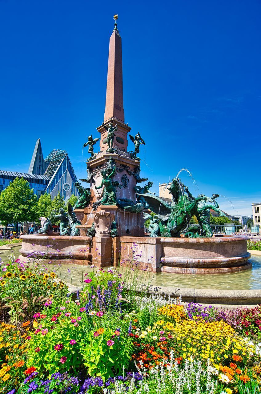 FLOWERING PLANTS AGAINST BLUE SKY AND BUILDING