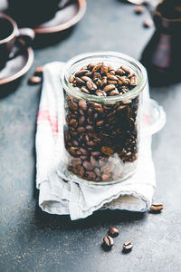 High angle view of coffee beans on table