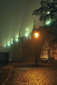 Street lights on sidewalk by buildings in city at night