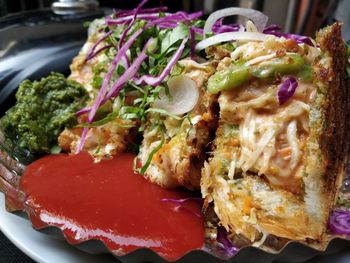 High angle view of breakfast served in plate