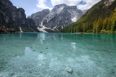 Scenic view of lake and mountains against sky