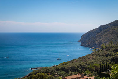 High angle view of sea against blue sky