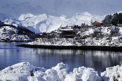 Scenic view of lake and snowcapped mountains against sky