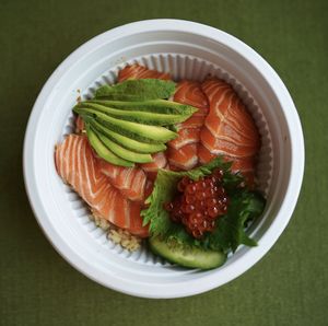 High angle view of salad in plate on table