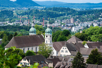 High angle view of buildings in town