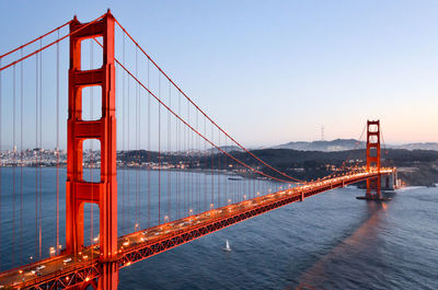 Golden gate bridge in city against clear sky