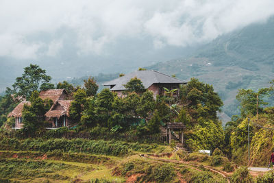 Trees and houses on mountain against sky