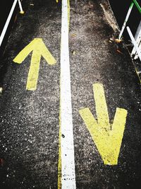 High angle view of arrow symbol on road