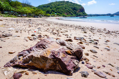 Rocks on beach against sky