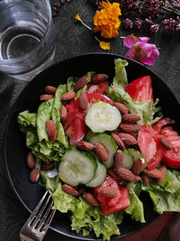 High angle view of food in plate on table