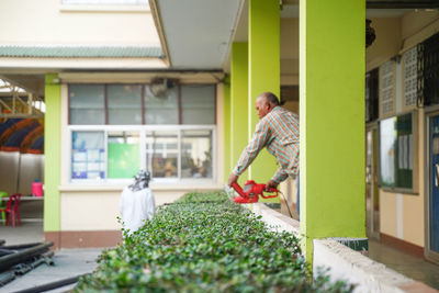 Full length of man on potted plant outside building