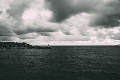 Scenic view of calm sea against cloudy sky