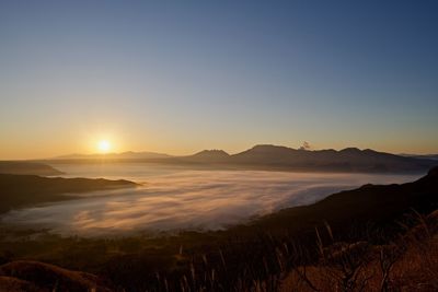 Scenic view of landscape against clear sky during sunset