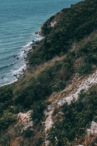 High angle view of sea and mountains