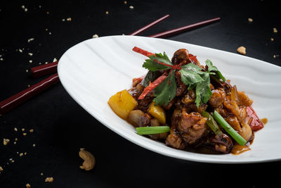 High angle view of food in plate on table