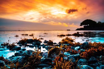 Close-up of sea against sky at sunset