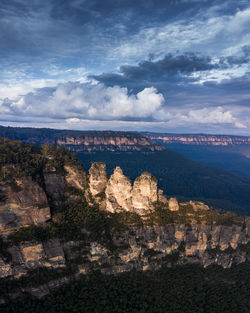 The three sisters at echo point in the blue mountains with the sun setting behind the camera.
