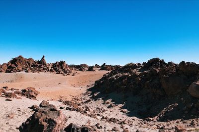 Scenic view of desert against clear blue sky