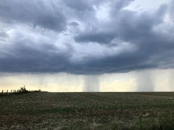 Scenic view of field against storm clouds