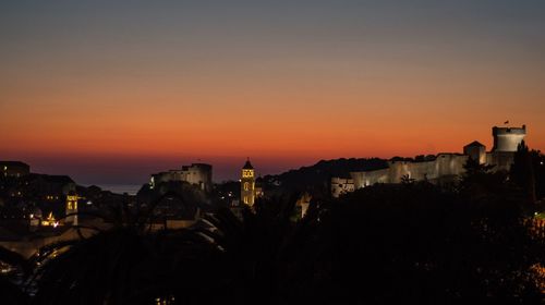 Silhouette buildings against clear sky at sunset