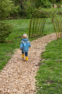 Rear view of baby boy walking on footpath