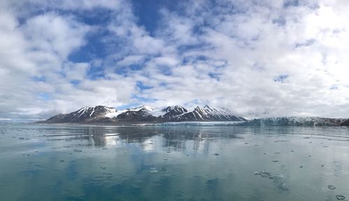 Scenic view of snowcapped mountains by sea against sky