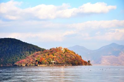 Scenic view of lake against cloudy sky