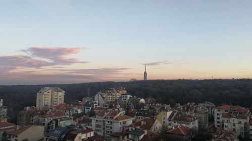 High angle view of townscape against sky at sunset