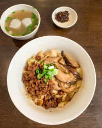 High angle view of meal served on table