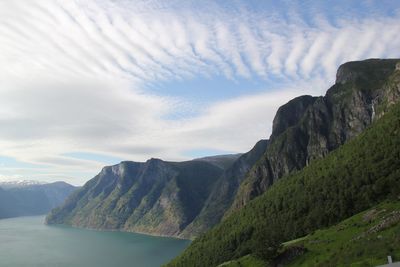 Scenic view of mountains against cloudy sky