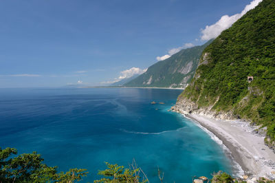 Scenic view of sea against blue sky