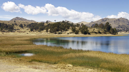 Scenic view of lake and mountains against sky