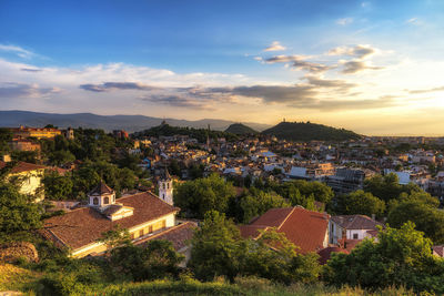 High angle view of townscape against sky at sunset