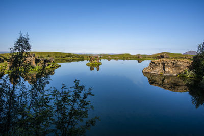 Scenic view of lake against clear blue sky