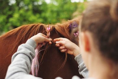Rear view of woman braiding horse hair