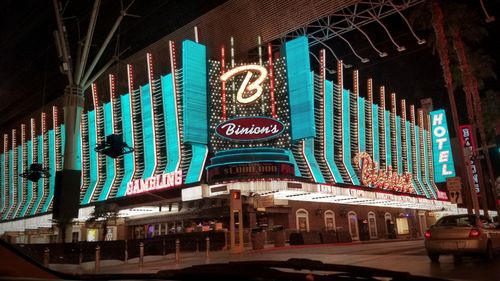 Low angle view of illuminated building at night